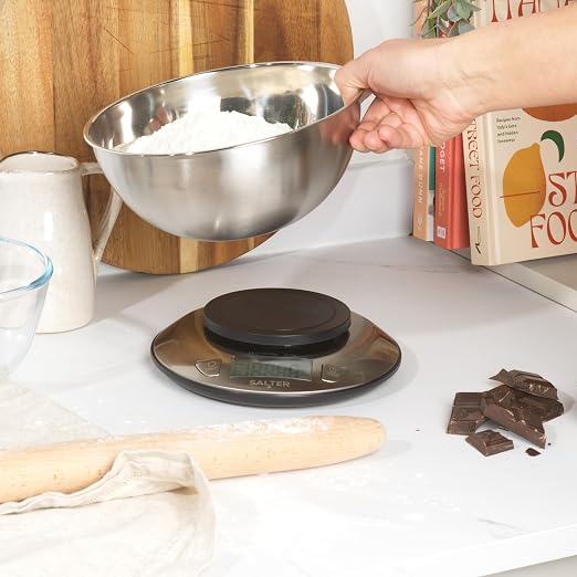 Salter Kitchen Scale with Bowl – Multiple Measure, Measures Liquid, 5kg/11lbs Max Capacity, 2l Steel Bowl, LCD-Display, Stainless-Steel, Dual Use, Perfect for Baking, Cooking, Meal Prepping