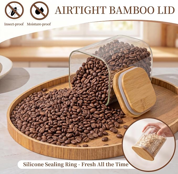 SENTVEND 24 Oz Glass Jars - 6 Pack Food Storage Containers with Lids Square | Food-grade durable clear canister, Bamboo seal cover, Stackable, BPA-Free, Ideal for sorting oats, Coffee beans, Nuts & More