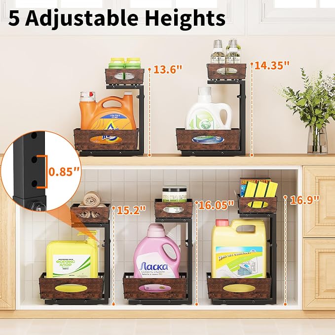 2-Tier Under Sink Organizer with Wooden Drawer Handle, 2 Pack Adjustable Height Pull Out Cabinet Organizer Shelf,Slide out Storage Drawer Rack for Kitchen Bathroom Laundry Room Pantry (Black)