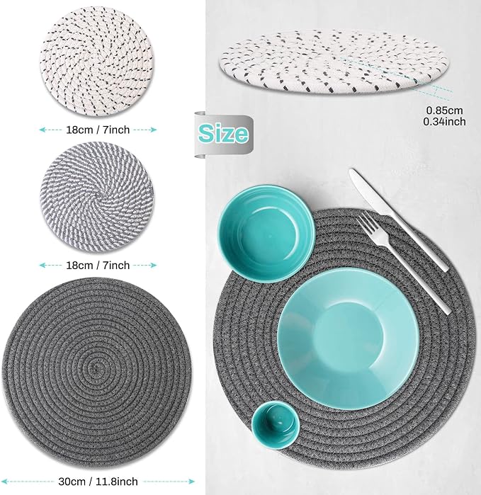 Billbotk Trivets for Hot Dishes, 6 Pieces Pot Holders for Kitchen, 100% Cotton Woven Hot Pads for Kitchen, Trivets for Kitchen Heat Resistant, 11.8 Inches and 7 Inches
