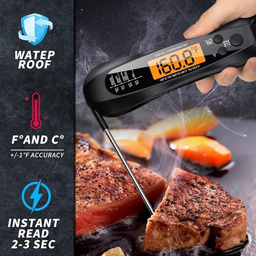 Therm Pro® Chef Meat Thermometer Digital, 1 Sec Instant Read, NIST® Certified Accurate to ±0.5℉, Ultra Bright LED Screen, 100% Waterproof, Auto-Rotate, for courtyard BBQ, Turkey, Candy, Liquids, bread
