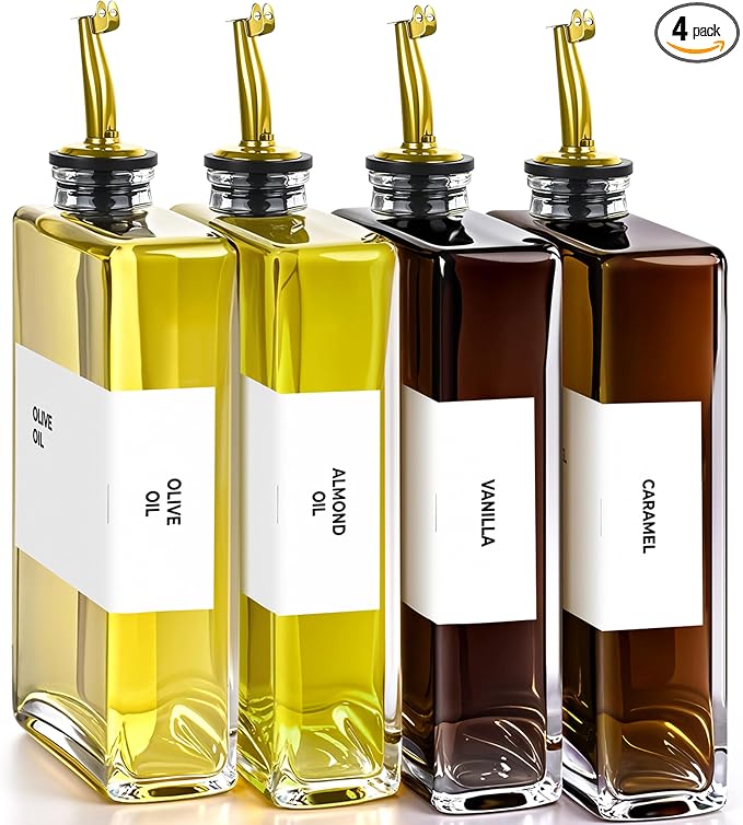 Glass Oil Dispenser for Kitchen, Olive Oil Dispenser Bottle, Set of 4, Gold