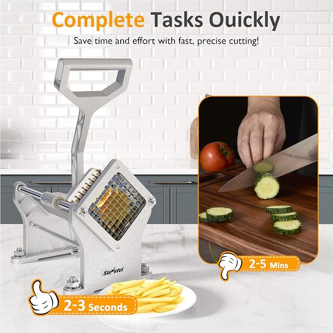 Sunvivi Commercial French Fry Cutter, Heavy Duty Potato Slicer with 3 Replaceable blades (1/2, 3/8 Inch, 6-wedge Slicer), Professional Fries Cutter for Restaurant & Home Kitchen, Stainless Steel
