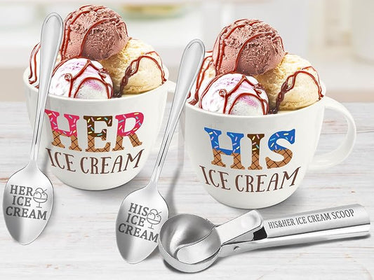 Anniversary Couple Gifts Ice Cream Bowls and Spoon Scoop Set, His And Hers Gifts, Wedding Engagement Gift for His Her, His Her Ice Cream Accessories Bowl Gift on Mothers Day, Christmas