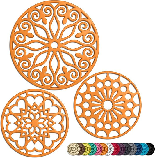 3 Set Silicone Trivet Mats With 1 Extra Large Included | Intricately Carved Insulated Flexible Durable Non Slip Thick Round Premium Trivets for Hot pots and pans | Orange