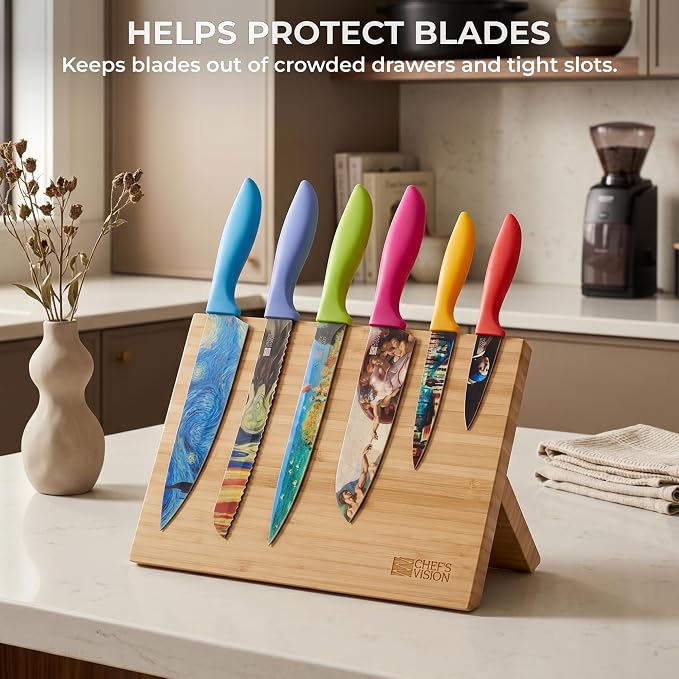Chef’s Vision Magnetic Knife Block - Bamboo Magnetic Knife Stand for Kitchen Counter - Freestanding Knife Display Holder for Colorful Knives - Modern Kitchen Décor