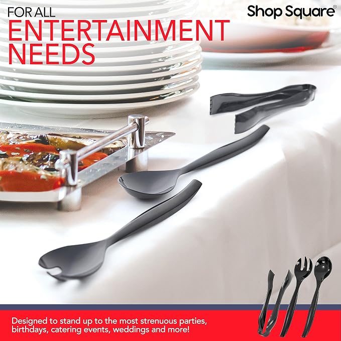 18 Pcs Black Plastic Serving Utensils Set – Heavy Duty Disposable Serving Spoons, Forks & Tongs | 10″ Serving Spoons for Buffet, Party, Catering, Wedding | Reusable, BPA-Free