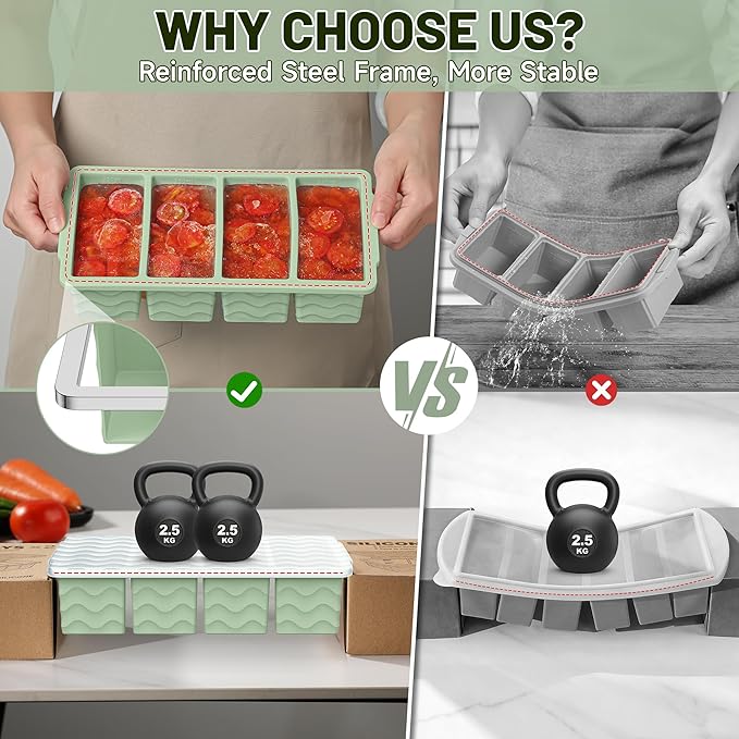 3-Pack Silicone Freezer Trays with Lid, Soup Freezer Container Molds, Silicone Freezer Molds, Ice Cube Tray for freezing Soup Sauce Broth Leftovers, Dishwasher & Oven Safe, BPA Free (1-cup,green)