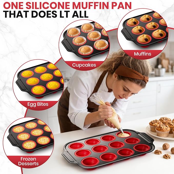 Silicone Muffin Pan for Baking with Metal Reinforced Frame - 12 Cups Regular Size Cupcake Pan Muffin Tins Egg Bite Molds - Nonstick, Easy to Pop, Bakeware for Oven, BPA Free (12-Cups Red)