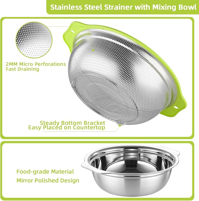 Colander Stainless Steel Microporous, 2QT Rice Strainer with Mixing Bowl, Rice Washer Bowl Set with Handle, Food-Grade Strainers and Colanders for Kitchen, Pasta, Fruit, Dishwasher Safe