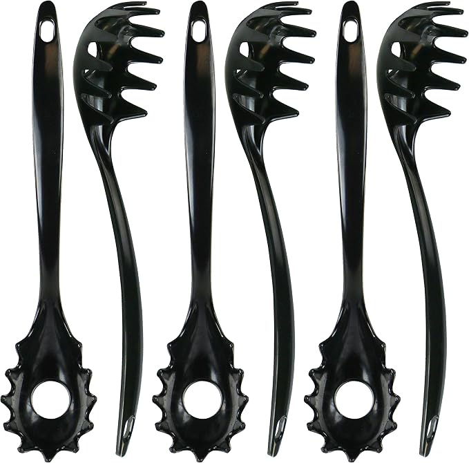 Spaghetti Spoon, Pasta Server, Fork with Ergonomic Handle, Heat Resistant, BPA Free11.5 inch Melamine Utensil by Reston Lloyd, 6 piece set, Black