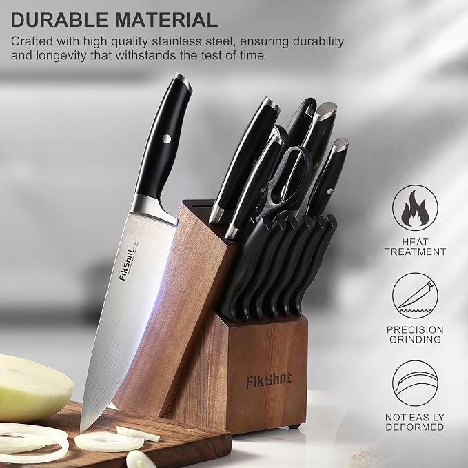 Fikshot Knife Set, German Stainless Steel, Black, 14-Piece kitchen knives | Full Tang Handle, Ultra-Sharp, Knife Block & Sharpener Included, Rust-Resistant, Dishwasher-Safe, , Gift for Chefs