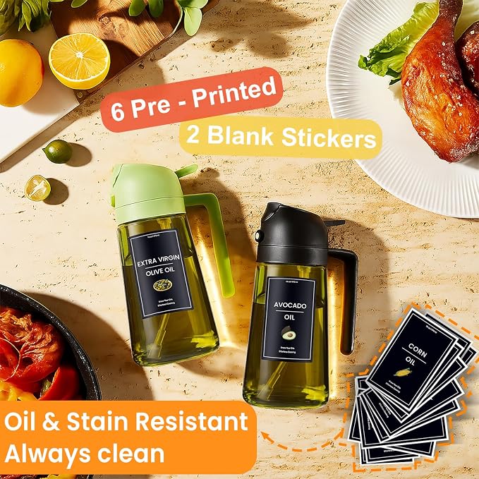 CXINYI - 16oz/470ml Olive Oil Dispenser for Kitchen with Stickers - 2 in 1 Olive Oil Sprayer for Cooking, Air Fryer, and Salad, Green (Light-Proof Kitchen Gadget)