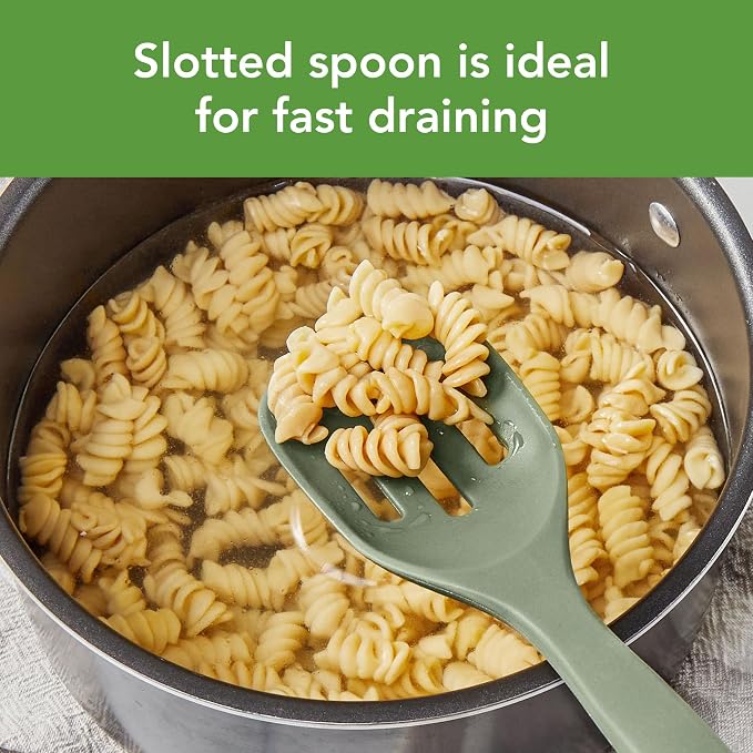 Tovolo Elements Silicone Spoon Set of 2 Mixing and Slotted Spoon Bundle for Non Stick Cooking Mixing Serving, Dishwasher Safe Heat Resistant Slotted Spoon and Mixing Serving Spoon, Thyme Green