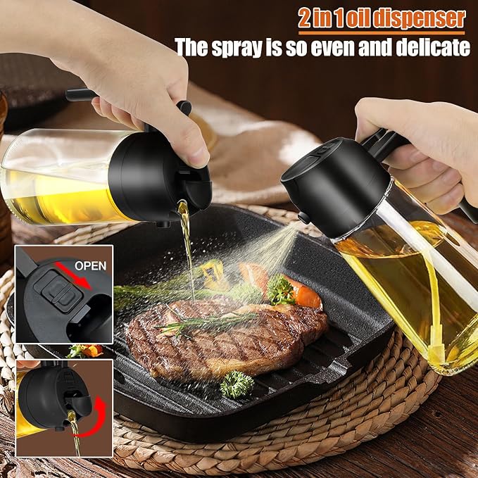 2 in 1 Oil Dispenser and Sprayer, 470ml Glass Bottle for Kitchen, Cooking, Air Fryer, Salad, BBQ (Black)