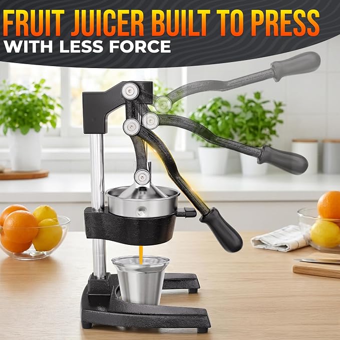 Cast Iron Manual Juicer, Heavy-Duty Squeezer – One Pull Extracts Full Juice with No Electricity – Manual Citrus Press Juicer & Orange Squeezer for Lemon, Lime, and Lemonade at Home or Bar (Black)
