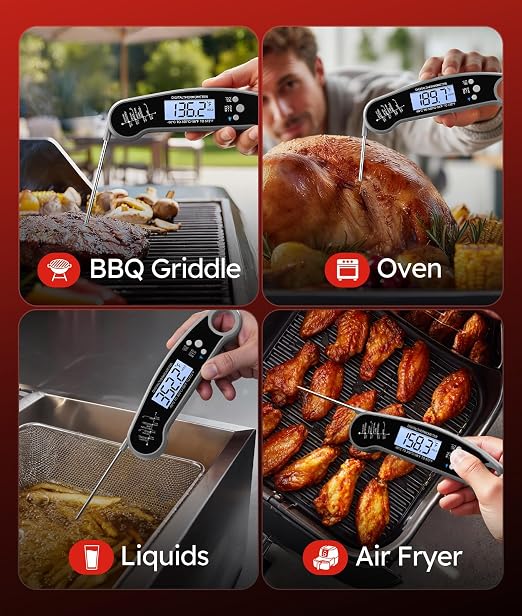 Meat Thermometer Digital – Instant Read Food Thermometer for Grilling, BBQ, Air Fryer, Smoker, Candy Making with Foldable Probe, Kitchen Gadgets, BBQ Essentials, Gift for Dad, Men, Grey