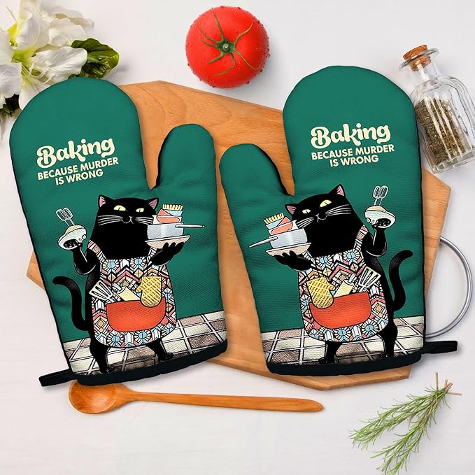 Baking Because Murder is Wrong, Funny Silicone Non-Slip Oven Mitts Sets of 2, Retro Baking Mitts, Bake Lover Gift, Cat Lover Gift, Kitchen Gift for Cat Owner