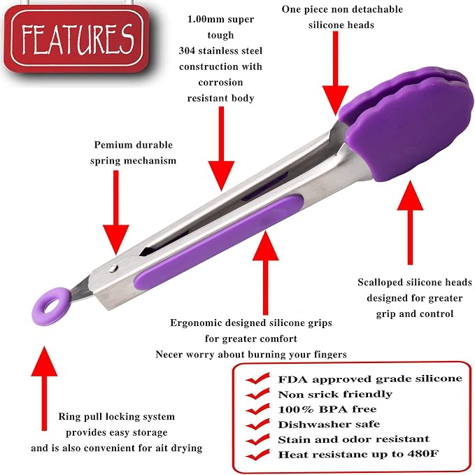Kitchen Tongs Set 7-Inch Mini Small Tongs Heavy Duty Colorful Stainless Steel Silicone Cooking Tongs with Non-Stick Silicone Tips for Food, Serving, BBQ, Salad, Grilling and More (Multi-Color × 5)