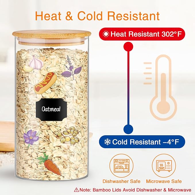 BGraceyy Glass Storage Jars 45 oz 4 Pcs Clear Glass Food Storage Containers with Airtight Bamboo Lid Stackable Kitchen Canisters for Candy, Cookie, Rice, Sugar, Flour, Pasta, Nuts