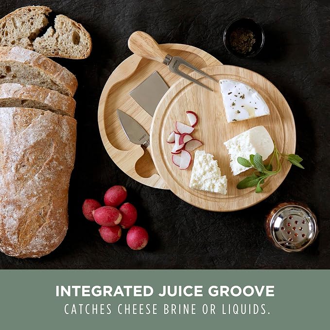 PICNIC TIME Brie Cheese Board and Knife Set, Novelty Charcuterie Board Set with Stainless Steel Tools and Juice Groove, Two-tiered, Swivel-Open Serving Platter, and Charcuterie Set, (Parawood)