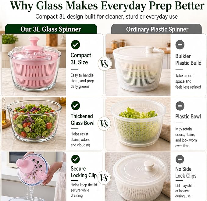 Glass Salad Spinner 3.2 Qt, Small Salad Spinner with Glass Bowl Removable Lid for Easy Cleaning Dishwasher Safe Glass Bowl Vegetable and Fruit Washer Dryer with Drain Spout Crank Handle Pink