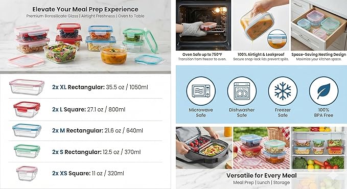 20 Pc Glass Food Storage Containers with Snap Lock Lids, Airtight & Leakproof, Bonus 2 Oven Silicone Gloves, Safe for Dishwasher, Oven, Microwave,Freezer, BPA Free