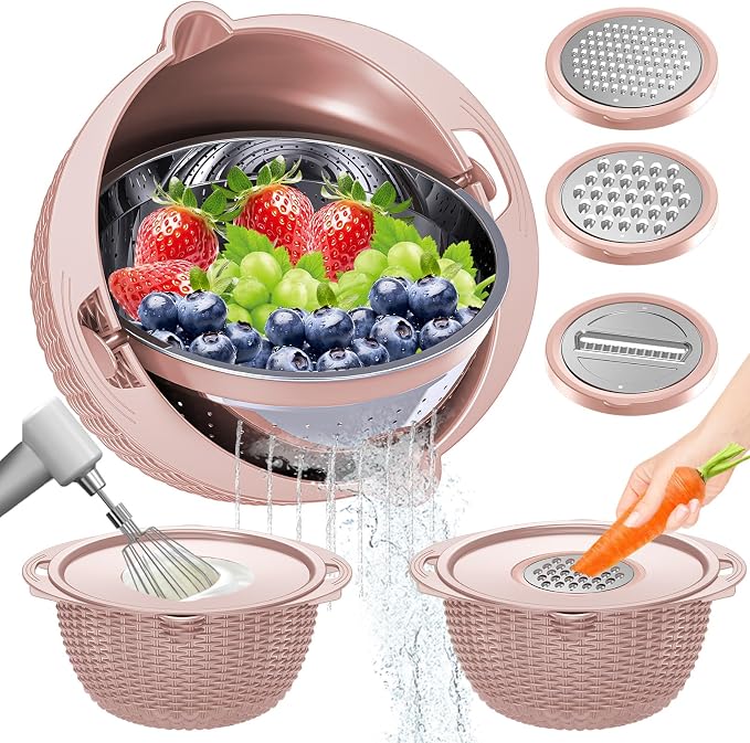 4-1 Strainer Bowl with Lid Set - Strainers and Colanders, Colander for Kitchen, Pasta Strainer, Fruit Cleaner, Veggie Wash, Funny Kitchen Present, Fruit Washing Bowl, Cooking Present for Women - Pink