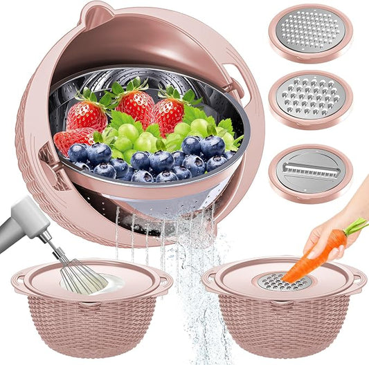 4-1 Strainer Bowl with Lid Set - Strainers and Colanders, Colander for Kitchen, Pasta Strainer, Fruit Cleaner, Veggie Wash, Funny Kitchen Present, Fruit Washing Bowl, Cooking Present for Women - Pink