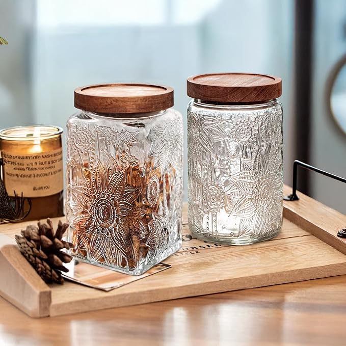 Glass Storage Jars With Airtight Lid, 35oz Container For Kitchen Counter with Wood Lid, brown sugar, candy, coffee, cookie, salt, tea, cute Jar (Large Square Sunflower)