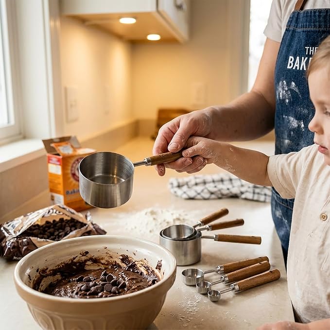Measuring Cups and Spoons Set, Stainless Steel Metal measuring Cups with Wooden Handles, Great for Dry and Liquid Ingredients, Engraved Metric Markings, Nesting Design for Baking