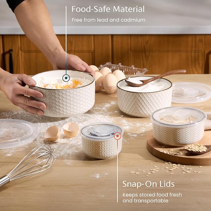 KooK Serving Bowls, with Lids, Ceramic Nesting Bowls, Set of 4, Embossed, Kitchen, Prep, Stackable, Gift, Microwave and Dishwasher Safe, 10/16/29/47 oz, Narbonne Collection (Ivory)