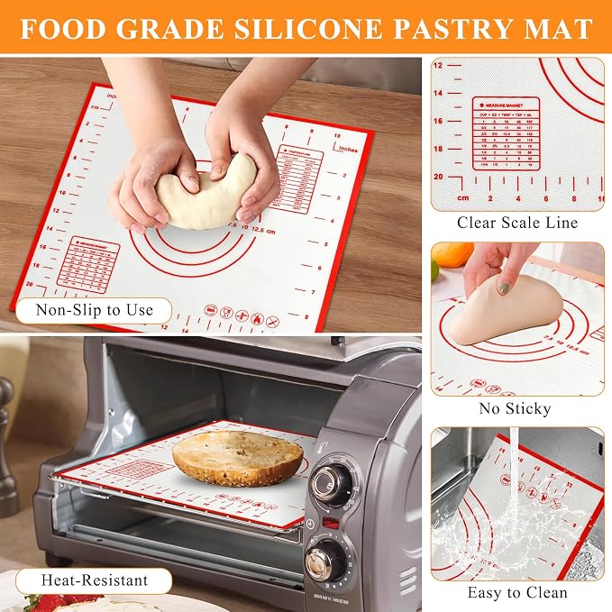 Set of 3 Pizza Kit Including Stainless Steel Pizza Dough Roller, Wooden Docker Rolling Pin and Non-slip Silicone Baking Mat, Dough Hole Maker for Cookie Pie Pastry Crust