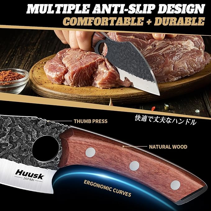 Huusk Butcher Knife Set of 3- Japanese Knife Set for Meat Cutting, Hand Forged Viking Knives Sets with Meat Cleaver, Heavy-Duty Kitchen Knives Sets for Bone BBQ Vegetable, Fathers' Day Gift for Dad