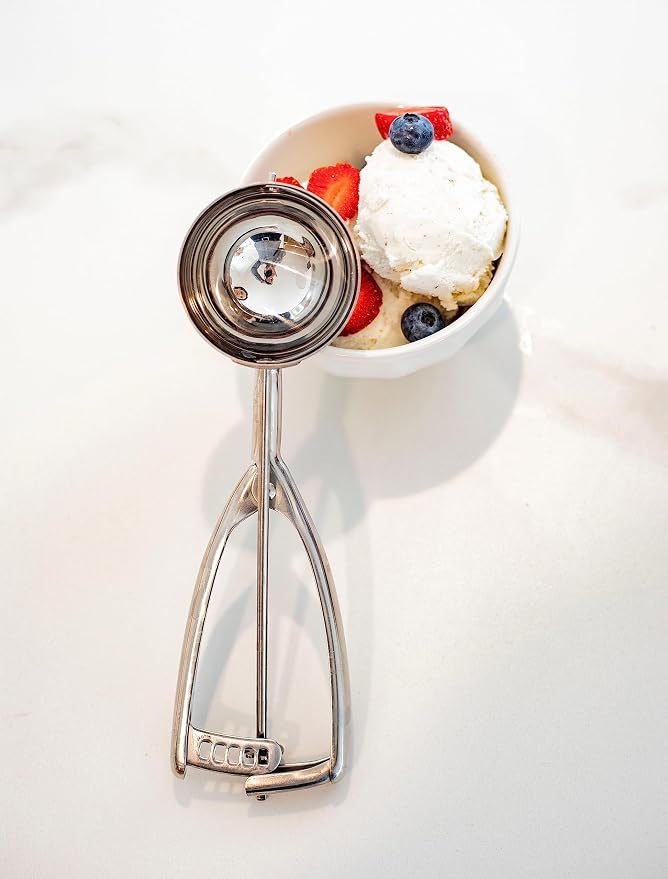 Jenaluca Extra Large Ice Cream Scoop, 18/8 Stainless Steel, 1/3 Cup, #12 | Commercial grade disher for ice cream, pancakes, burgers & food portions. Squeeze handle. Dishwasher safe.
