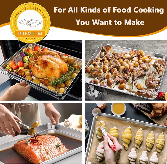 P&P CHEF 16 Inch Baking Sheet with Rack Set, Pans with Flat Racks | 2 Baking Sheets + 2 Cooling Wire Racks, Dishwasher & Oven Safe, Non-toxic & Lasting Use, Fit for Regular Oven