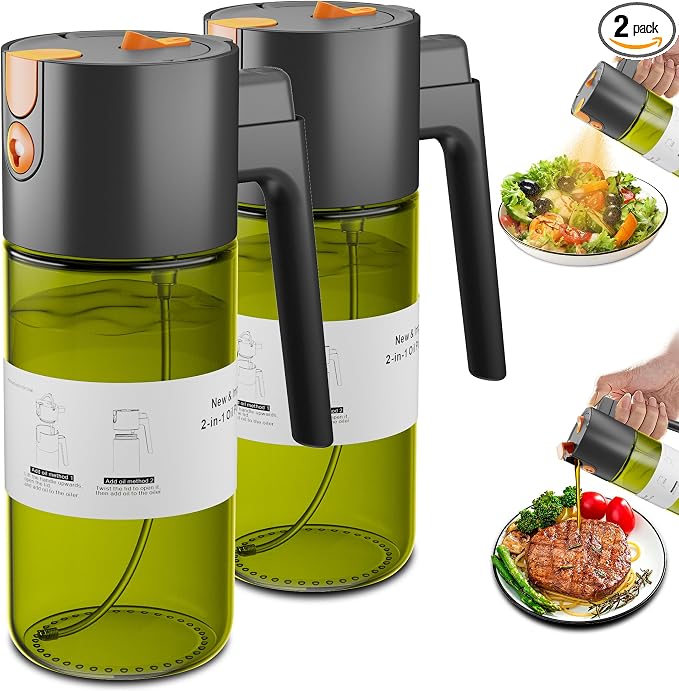 LAKUMIQI 2 in 1 Oil Sprayer for Cooking, 17oz | Light-Blocking Glass Spray Bottle with Stickers, Oil Dispenser for Salad, Air Fryer & BBQ