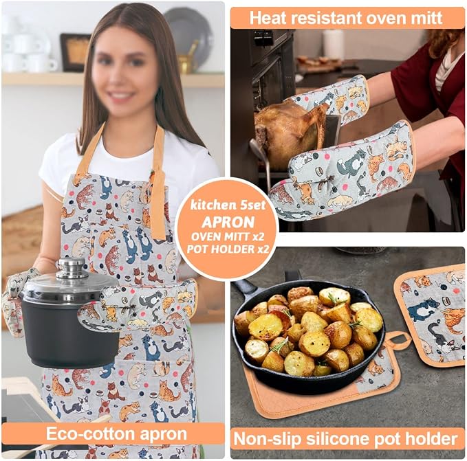 Alselo Oven Mitts and Pot Holders with Chef Apron,Set of 5 Heat Resistant Kitchen Gloves and Silicone Non-Slip Potholders Adjustable Neck Buckle Chef Apron, Cotton Nice Design for Cooking (Cat)