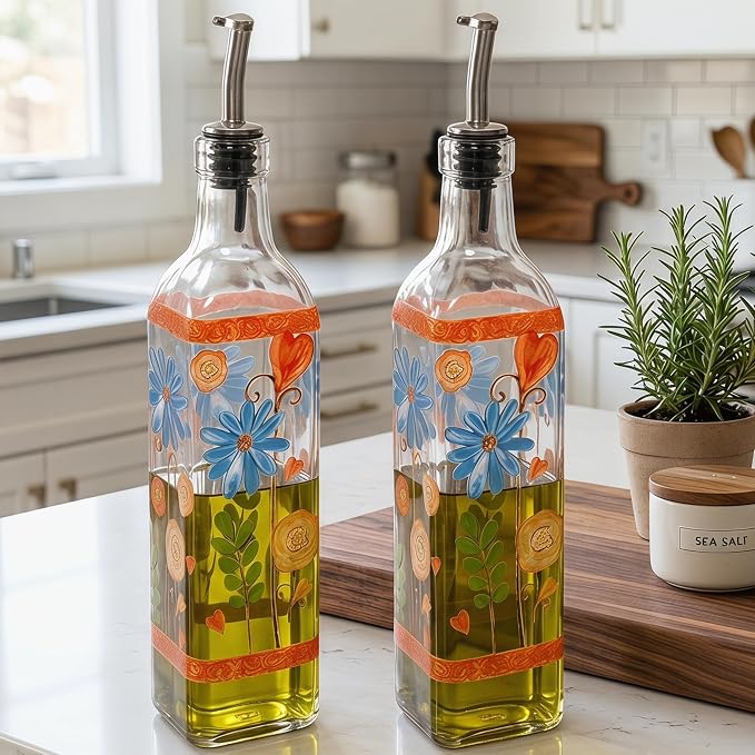 Topadorn Set of 2 Floral Olive Oil Dispenser Bottles, 17oz Decorative Glass Oil & Vinegar Cruet Set with Pour Spouts, Refillable Kitchen Countertop Dispensers