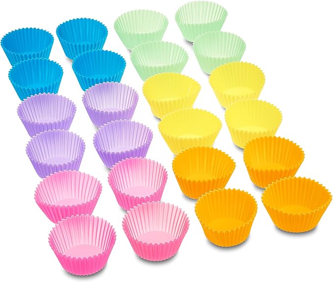 Amazon Basics Reusable Non-Stick Silicone Baking Cups, BPA Free, Dishwasher Safe, Easy to Remove, Food Grade, Oven Safe, 2.9 x 2.9 x 1.3 in (LxWxH), Multicolor, 24-Pack