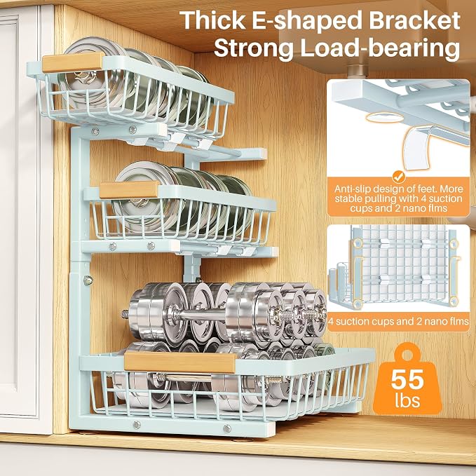 PXRACK Under Sink Organizer, 1-Pack 3-Tier Height Adjustable Thickened Metal Pull out Cabinet Organizer Shelf, Slide out Storage Drawer Rack for Bathroom Kitchen Pantry Home Organization, LightBlue