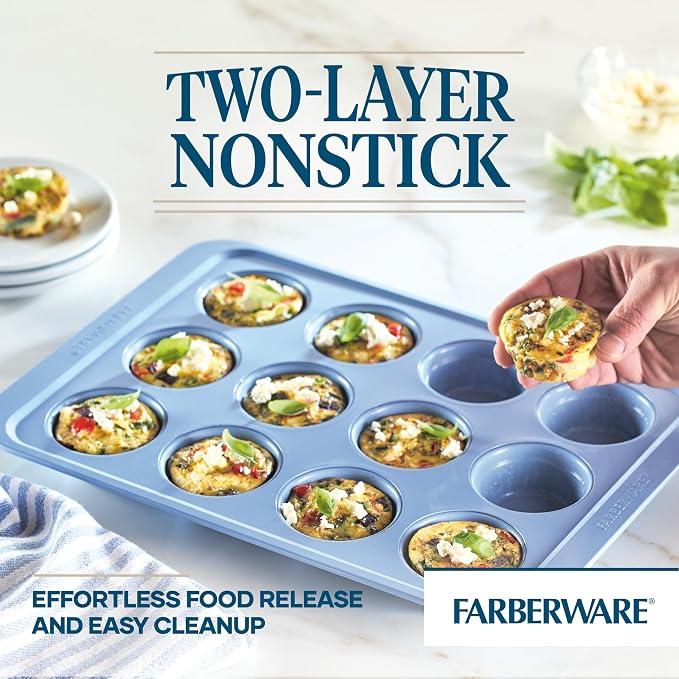 Farberware Easy Solutions Nonstick Bakeware Muffin/Cupcake Baking Pan, 12-cup with fill lines - Blue