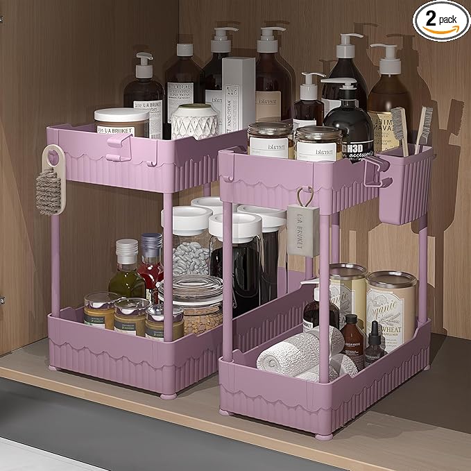 2-Pack Under Sink Organizer with Hooks & Hanging Cup for Kitchen | Multi-use kitchen & bathroom storage, 14.8 inch pink cabinet organizer, with hooks and hanging cup for easy access.