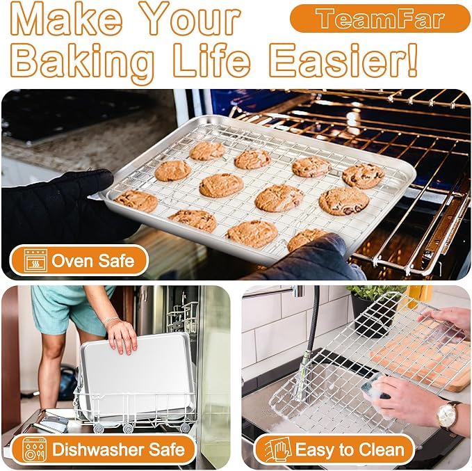 TeamFar Baking Sheet with Rack, Stainless Steel Sheet Pan-16/12.5/10.5 Inch | Cookie Sheets Baking Trays and Cooling Racks for Cooking, Non-Toxic & Heavy Duty, Dishwasher Safe, 6 PCS (3 Pans + 3 Racks)