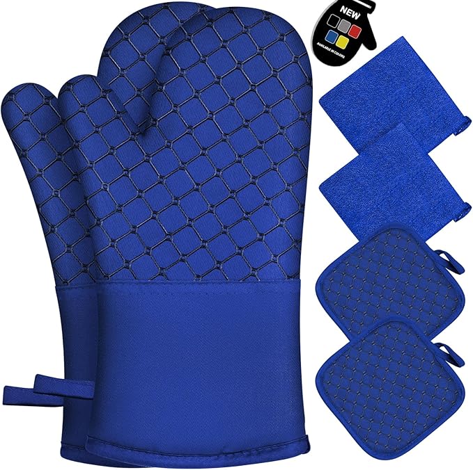 6 Pcs Oven Mitts and Pot Holders, 500℉ Heat Resistant Oven Mitts with Kitchen Towels Soft Cotton Lining and Non-Slip Silicone Surface Safe for Baking, Cooking, BBQ (Blue)