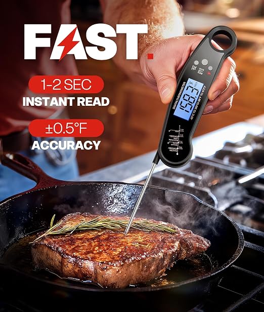 Meat Thermometer Digital – Instant Read Food Thermometer for Grilling, BBQ, Air Fryer, Smoker, Candy Making with Foldable Probe, Kitchen Gadgets, BBQ Essentials, Gift for Dad, Men, Black