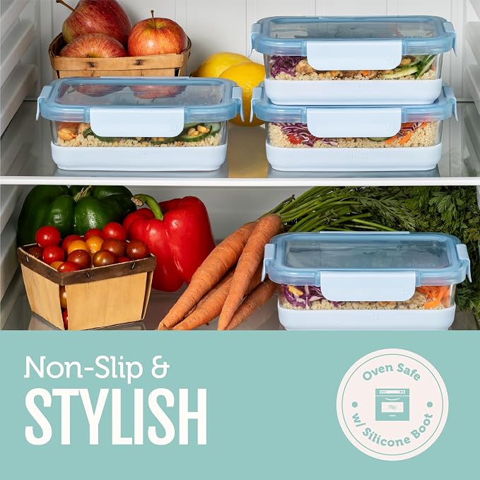 Ello Duraglass Refresh 3.4 Cup Meal Prep Containers, 10 Pc, Garden Goals | Glass meal prep container set with silicone boots, airtight leakproof BPA-free lids, microwave, freezer & dishwasher safe