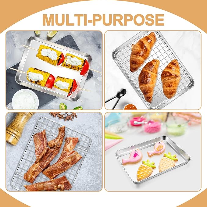 E-far Baking Sheet with Wire Rack Set, 9.5" x 7.3" (1 Pan +1 Cooling Rack) | Stainless Steel Sheet Pan with Rack Set for Toaster Oven, Mini Metal Tray for Cooking Roasting, Non-Toxic, Dishwasher Safe