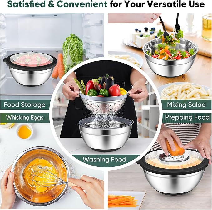P&P CHEF Mixing Bowls with Lids Set of 3, Stainless Steel Mixing Bowl and Colander for Kitchen, 3 Grater Attachments & Non-Slip Bottoms, Visible & Airtight Lid, Black