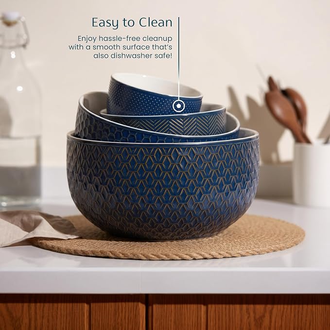 Kook Ceramic Nesting Bowls, Embossed Kitchen Bowls, For Prep, Mixing and Serving, Microwave and Dishwasher Safe, Midnight Blue with Burnt Copper Accents, 20/44/98/145 oz, Set of 4, Narbonne Collection